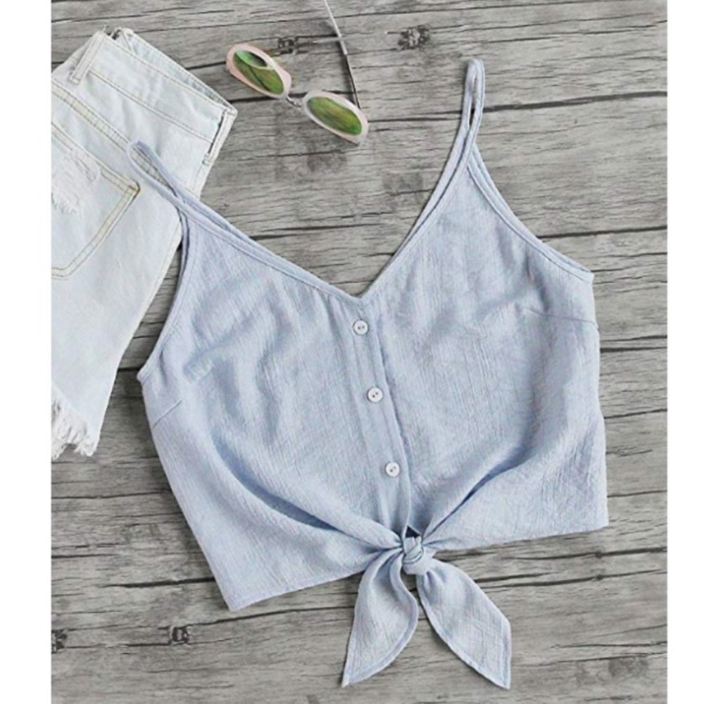 Light blue cropped tank top w/ button & tie up